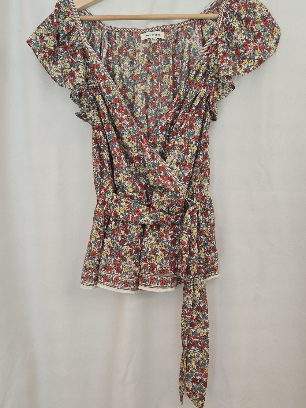 Max Studio Red and Yellow Floral Wrap Top